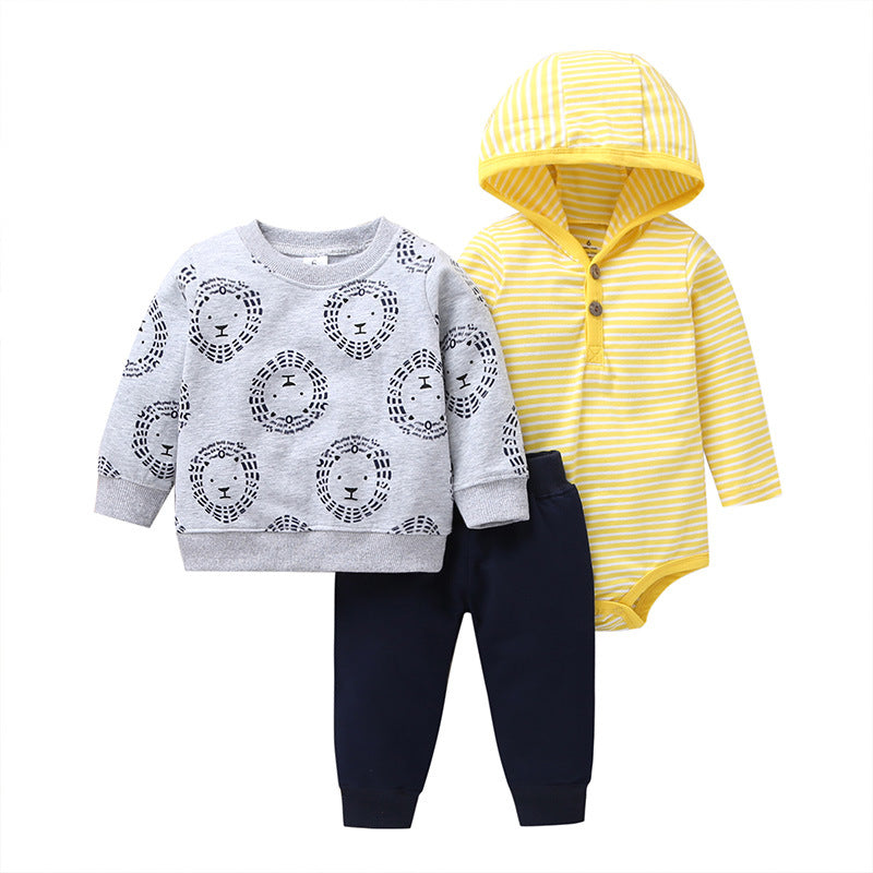 Spring And Autumn Leisure Baby And Toddler Unisex Children's Suit Striped Cartoon Trousers Long Sleeve Hooded Three-piece Children's Wear