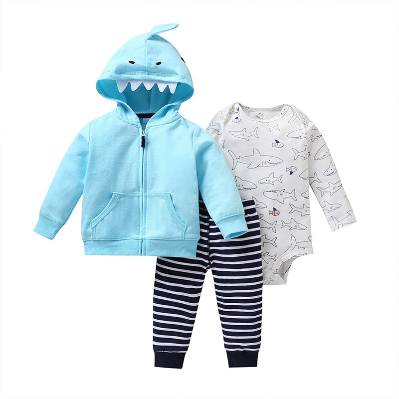 Spring And Autumn Leisure Baby And Toddler Unisex Children's Suit Striped Cartoon Trousers Long Sleeve Hooded Three-piece Children's Wear