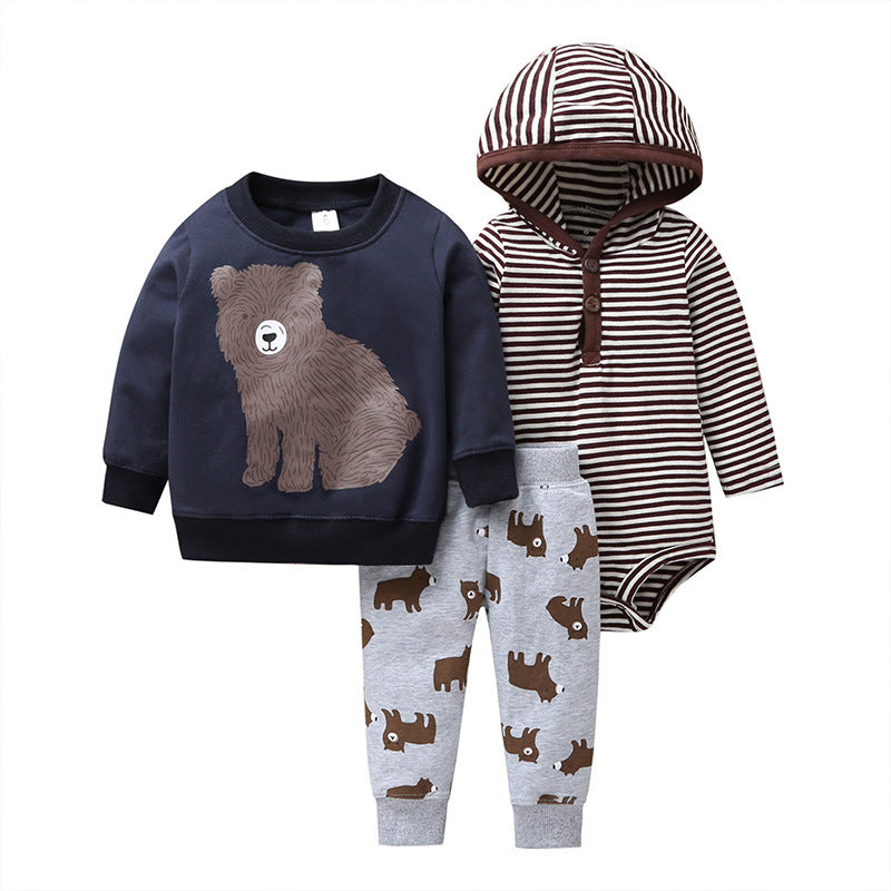 Spring And Autumn Leisure Baby And Toddler Unisex Children's Suit Striped Cartoon Trousers Long Sleeve Hooded Three-piece Children's Wear