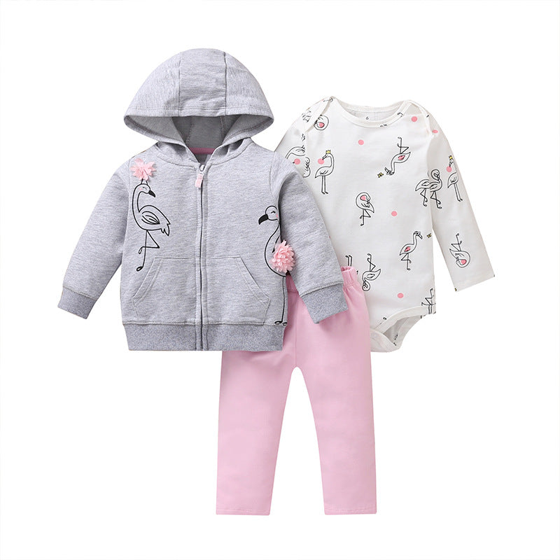 Spring And Autumn Leisure Baby And Toddler Unisex Children's Suit Striped Cartoon Trousers Long Sleeve Hooded Three-piece Children's Wear