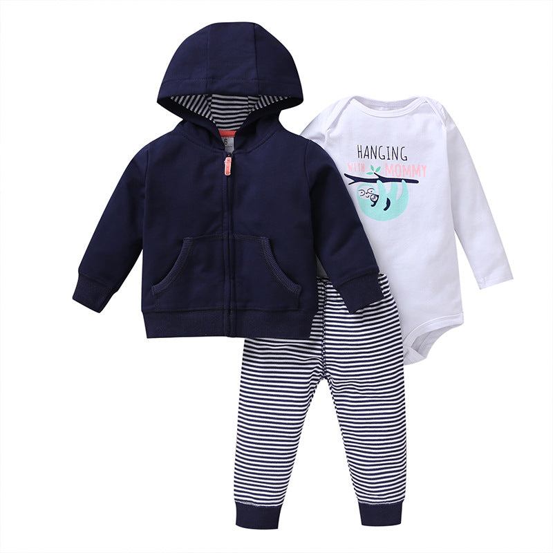 Spring And Autumn Leisure Baby And Toddler Unisex Children's Suit Striped Cartoon Trousers Long Sleeve Hooded Three-piece Children's Wear