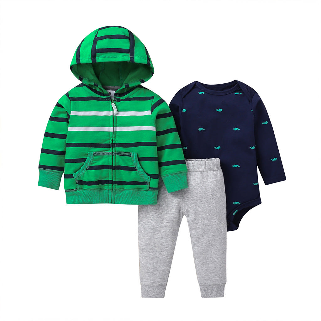 Spring And Autumn Leisure Baby And Toddler Unisex Children's Suit Striped Cartoon Trousers Long Sleeve Hooded Three-piece Children's Wear