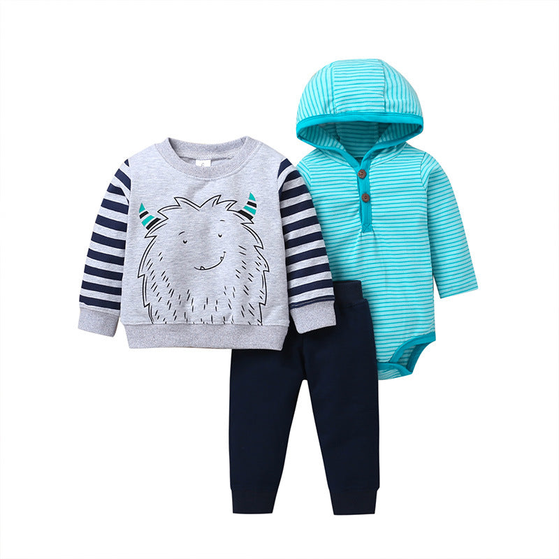 Spring And Autumn Leisure Baby And Toddler Unisex Children's Suit Striped Cartoon Trousers Long Sleeve Hooded Three-piece Children's Wear