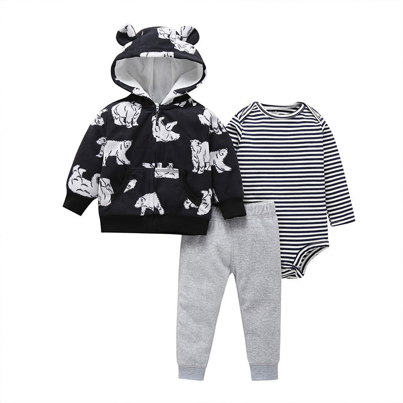 Spring And Autumn Leisure Baby And Toddler Unisex Children's Suit Striped Cartoon Trousers Long Sleeve Hooded Three-piece Children's Wear