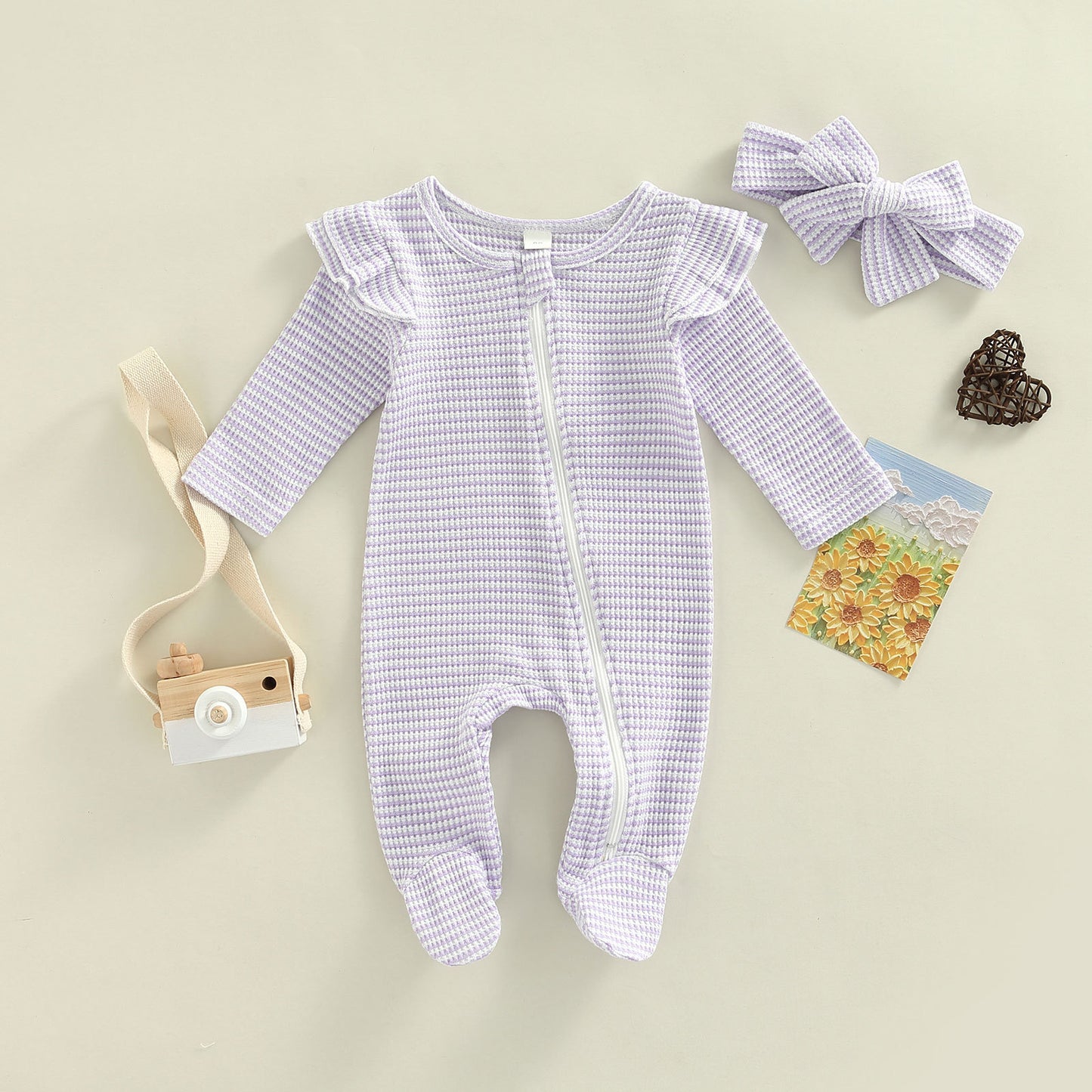 Baby Bodysuit With Fly Sleeves Solid Colour Zip