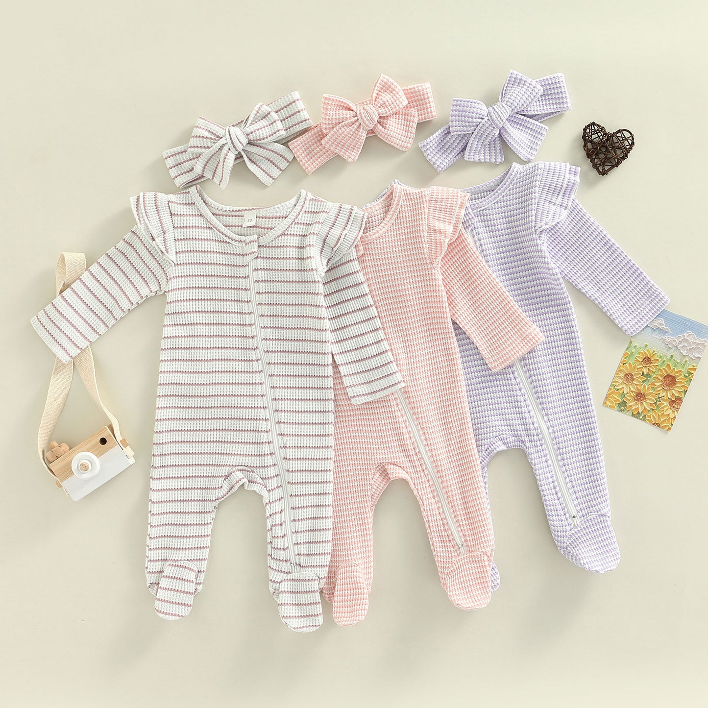 Baby Bodysuit With Fly Sleeves Solid Colour Zip