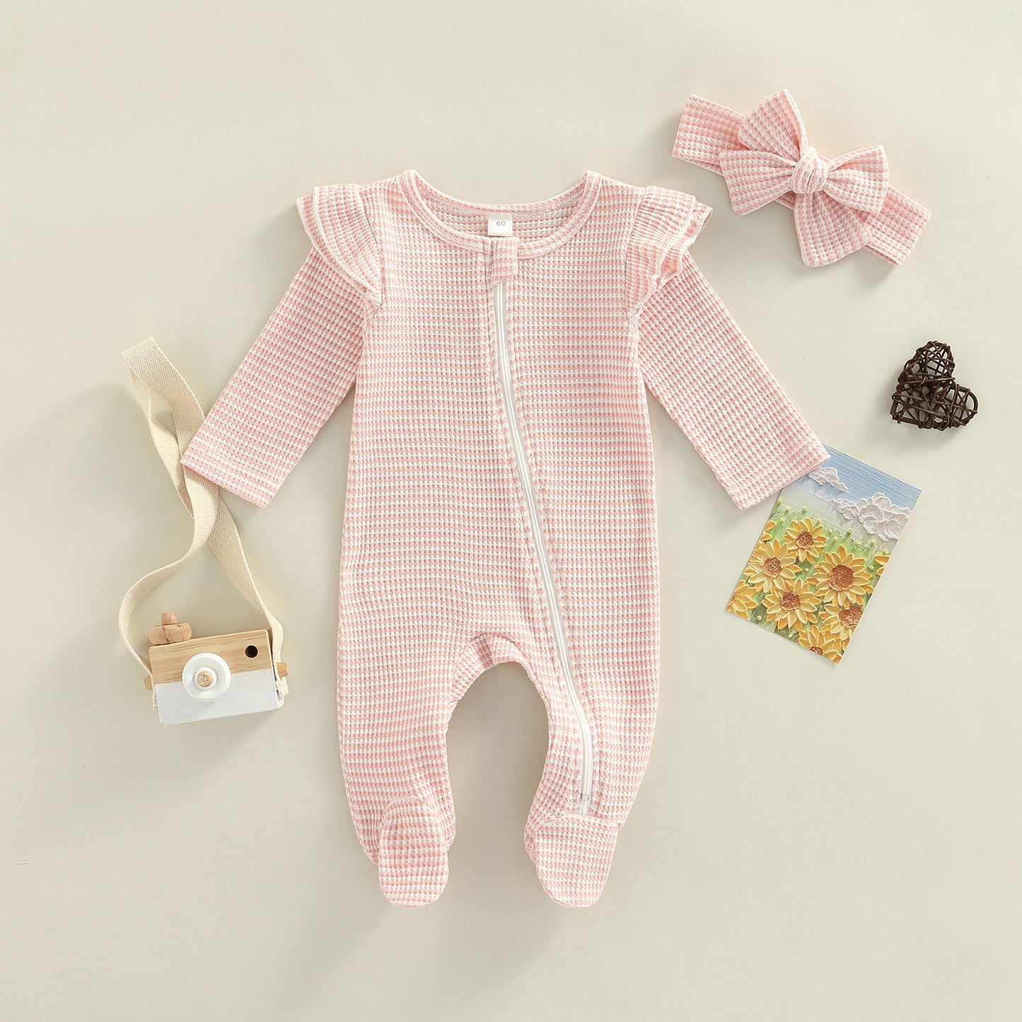 Baby Bodysuit With Fly Sleeves Solid Colour Zip